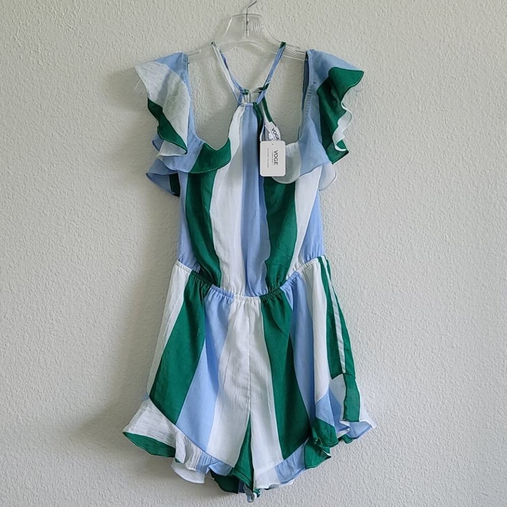 VOGE BOUTIQUE Romper Striped Ruffles Cold Shoulders Green Blue White Size Medium